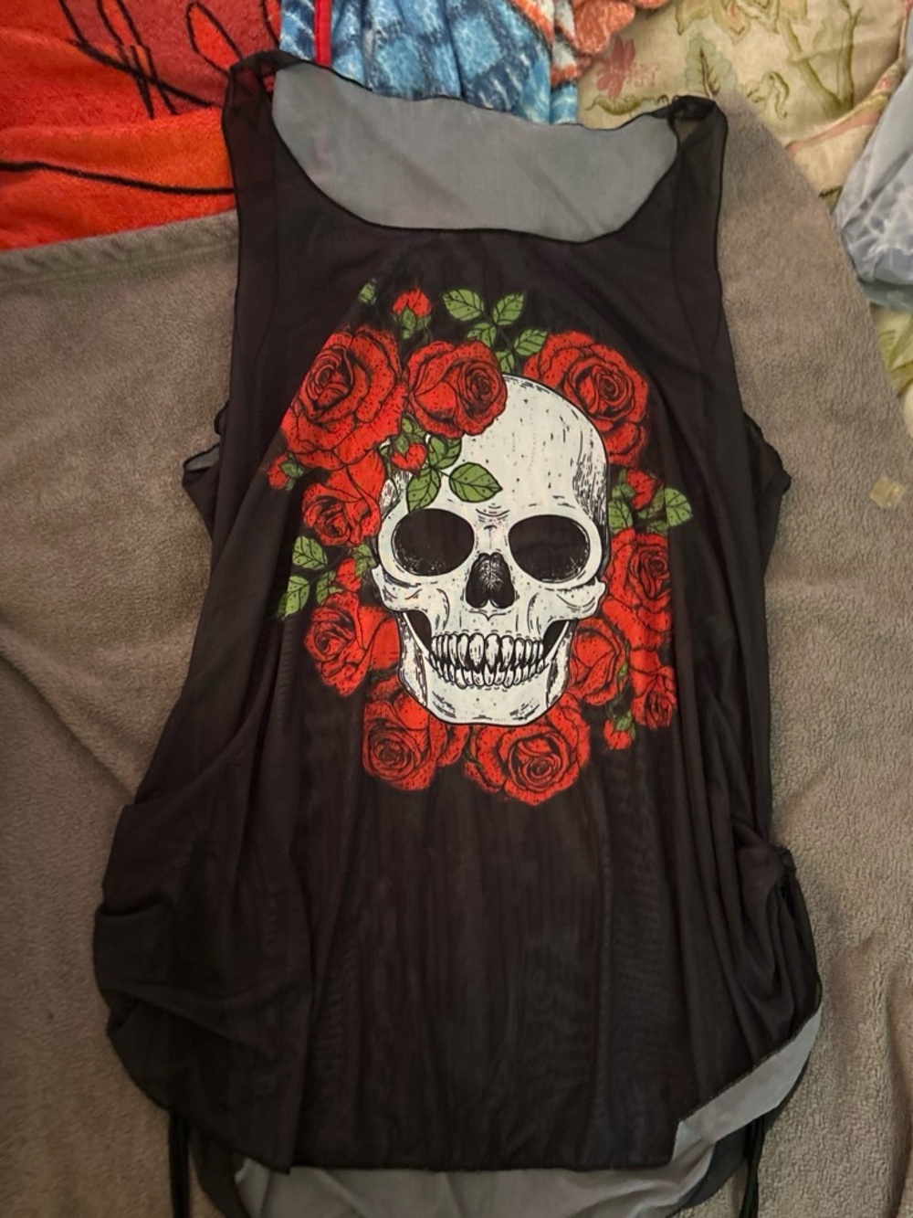 Black Floral Skull Mesh Tank Top - Women